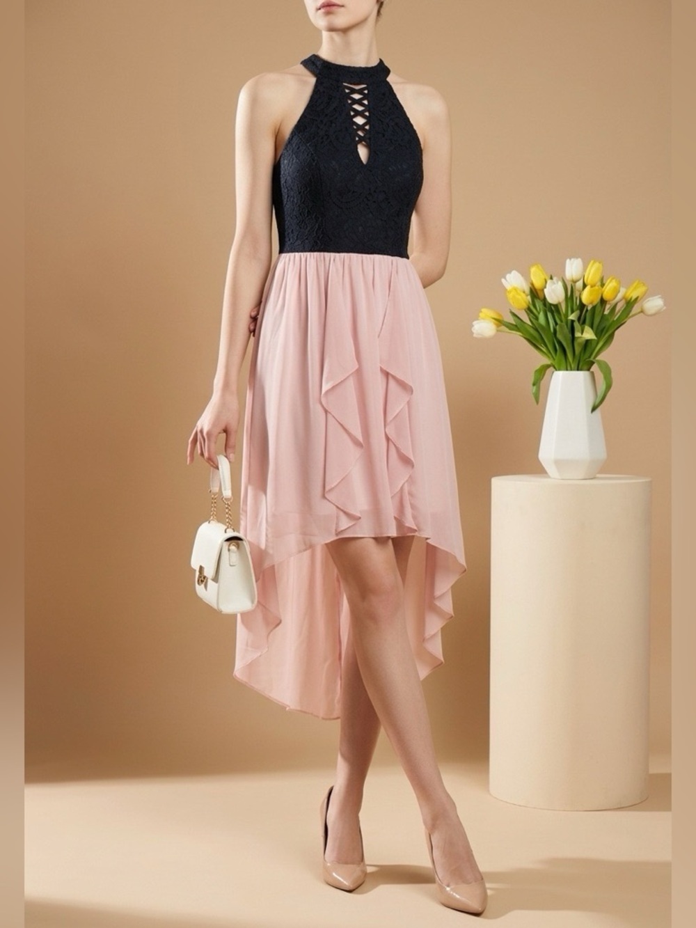 City Studio High-Low Pink/Black Lace Dress Juniors Size 3 Party Cocktail